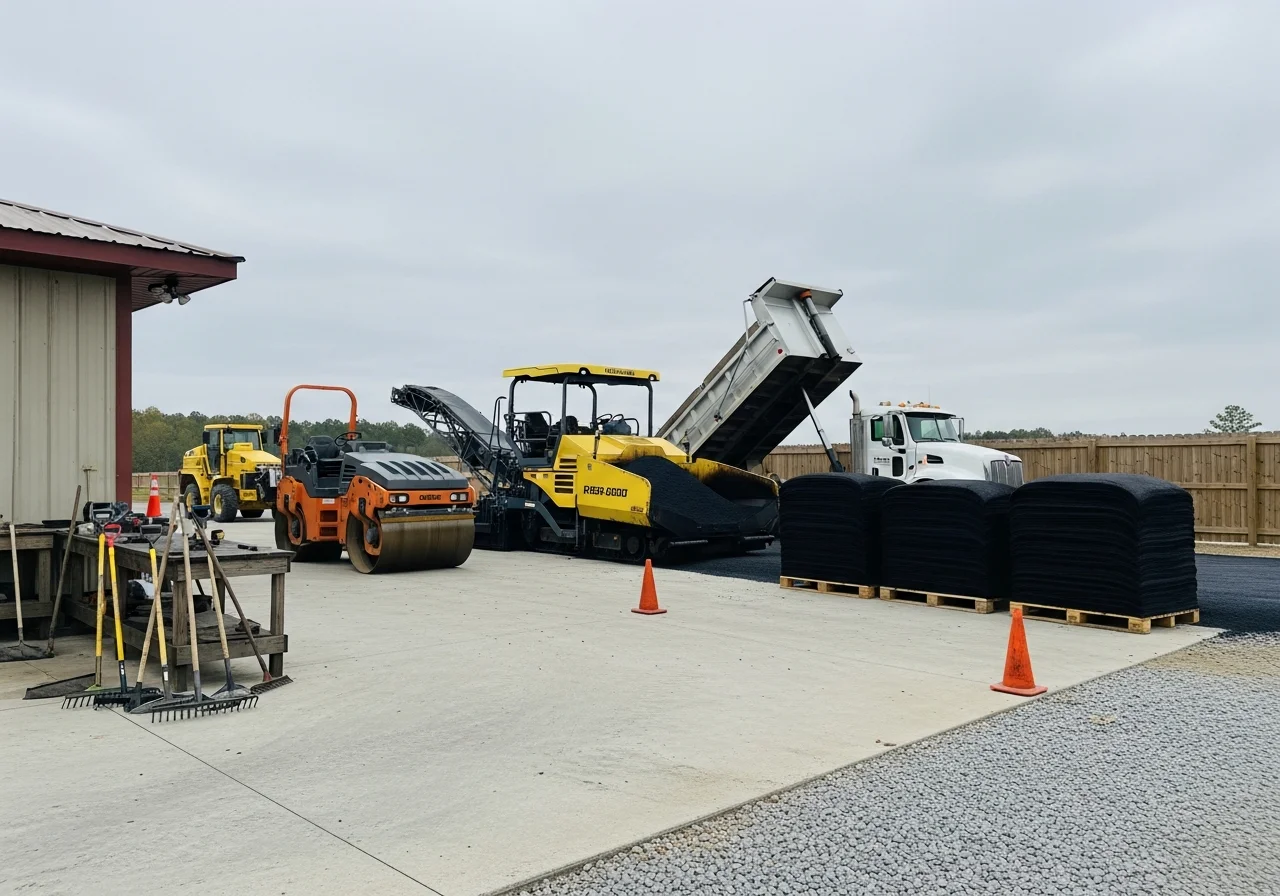 Asphalt paving crew and equipment ready for job site work, showcasing professional tools and machinery.