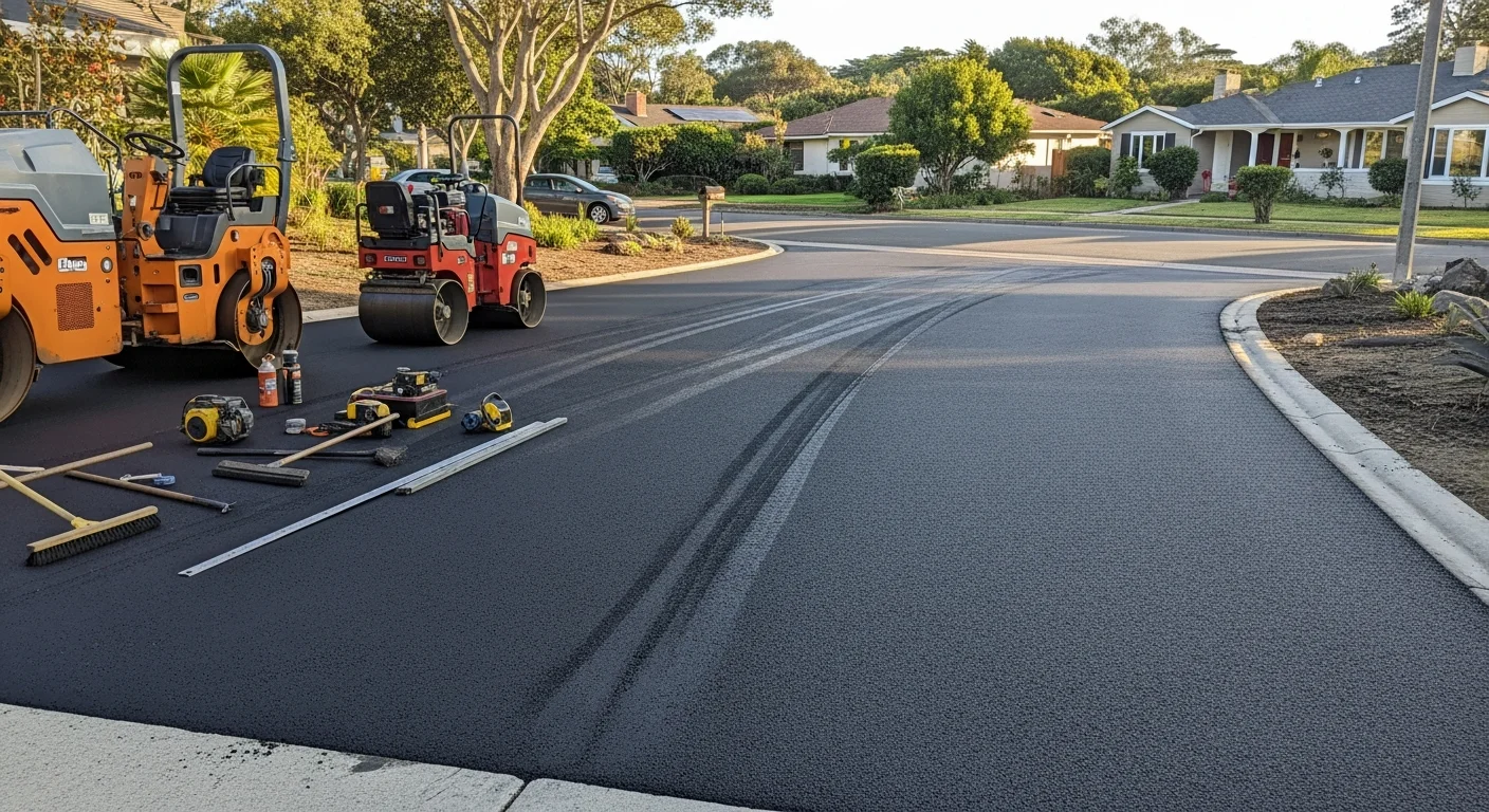 Professional asphalt paving crew laying fresh asphalt on a driveway