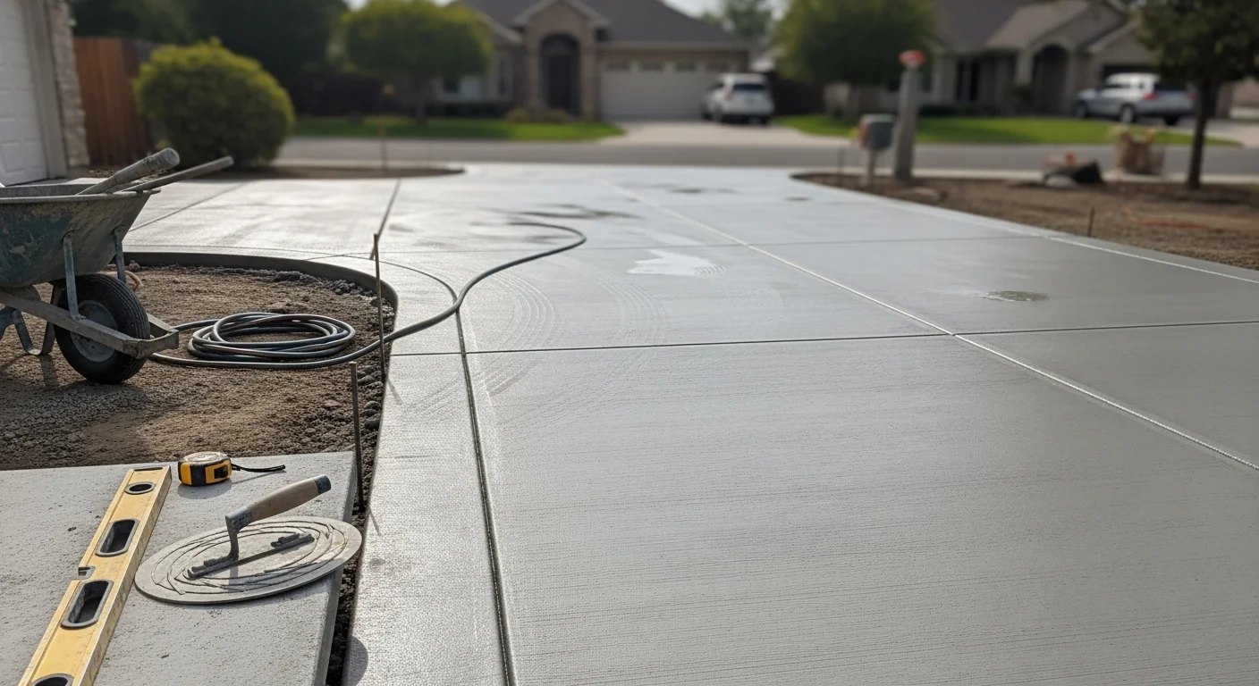 Finished concrete driveway with smooth gray surface