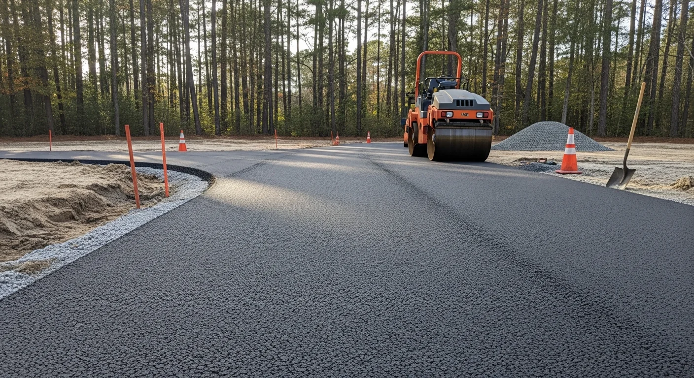 Freshly paved black asphalt driveway at a residential property in Florence, South Carolina, with clean straight edges and a smooth compacted surface. The surrounding yard shows red clay soil typical of the Pee Dee region.