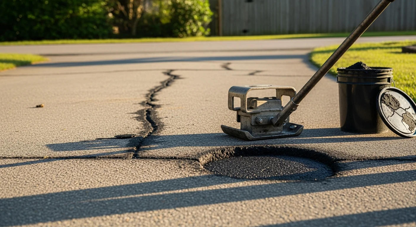 A freshly patched and repaired asphalt driveway in Florence, South Carolina, showing smooth, dark pavement with no visible cracks or potholes. A residential home is visible in the background under a clear South Carolina sky.