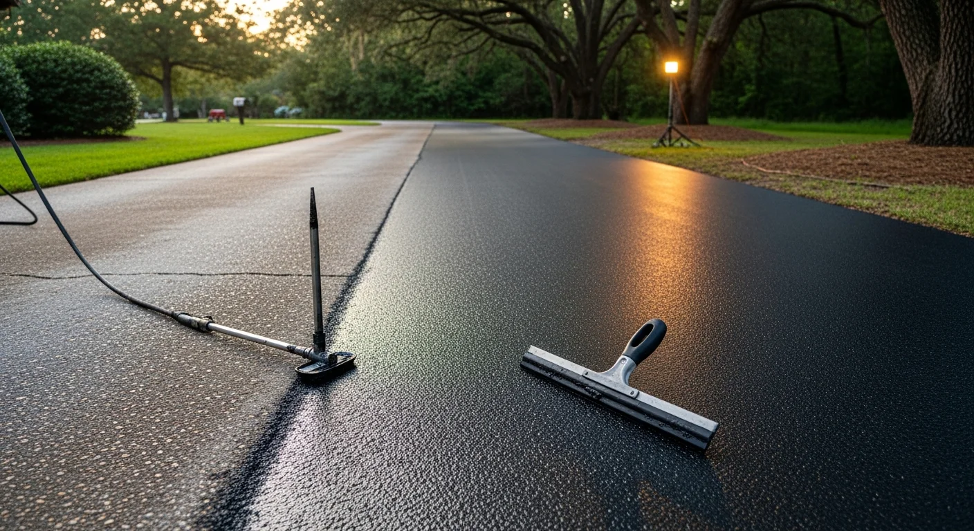 A freshly seal coated asphalt driveway in Florence, South Carolina, showing a smooth, dark black surface with clean edges. A residential property is visible in the background under a clear South Carolina sky.