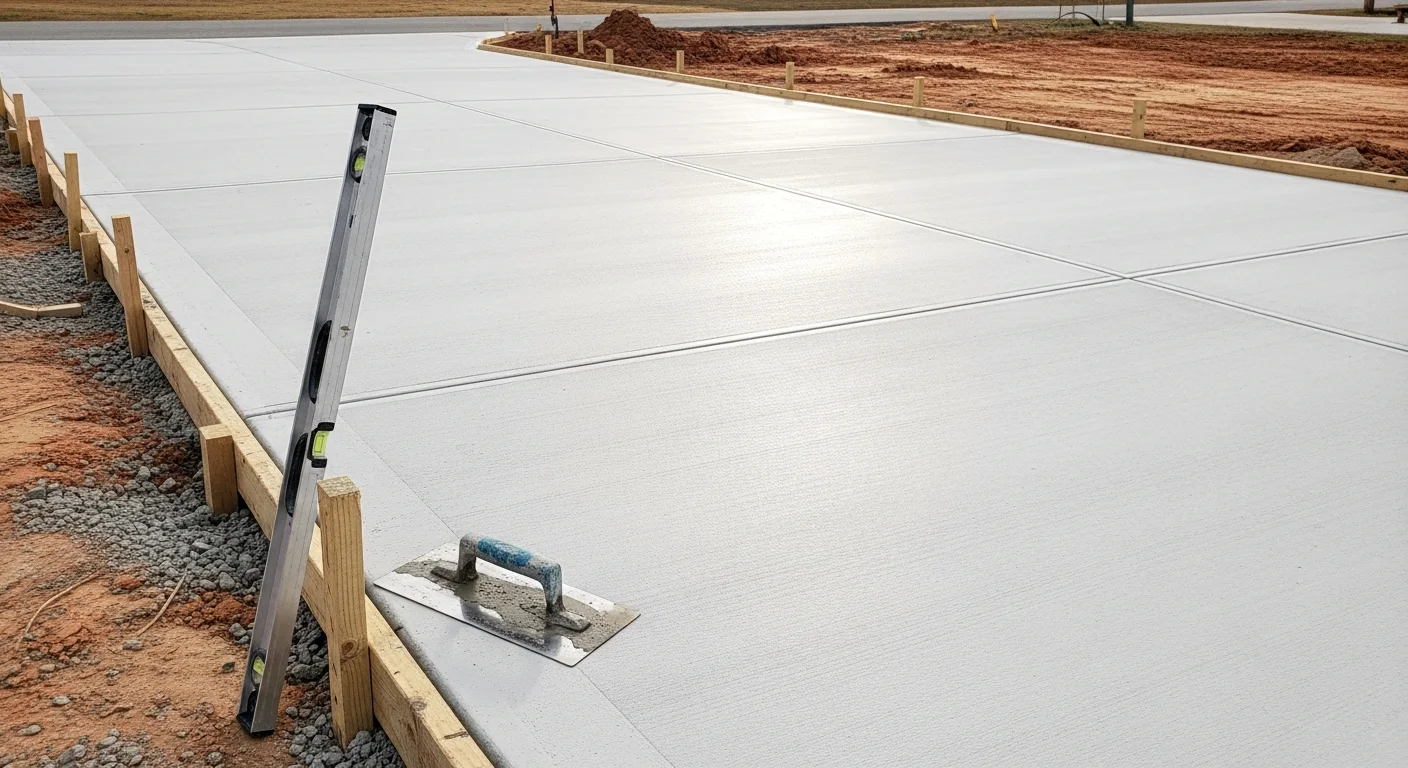 A newly installed concrete driveway in front of a single-family home in Florence, South Carolina, with a smooth finished surface and clean edges leading to a residential garage. The driveway shows visible control joints and sits flush with the surrounding landscaping on a clear day.