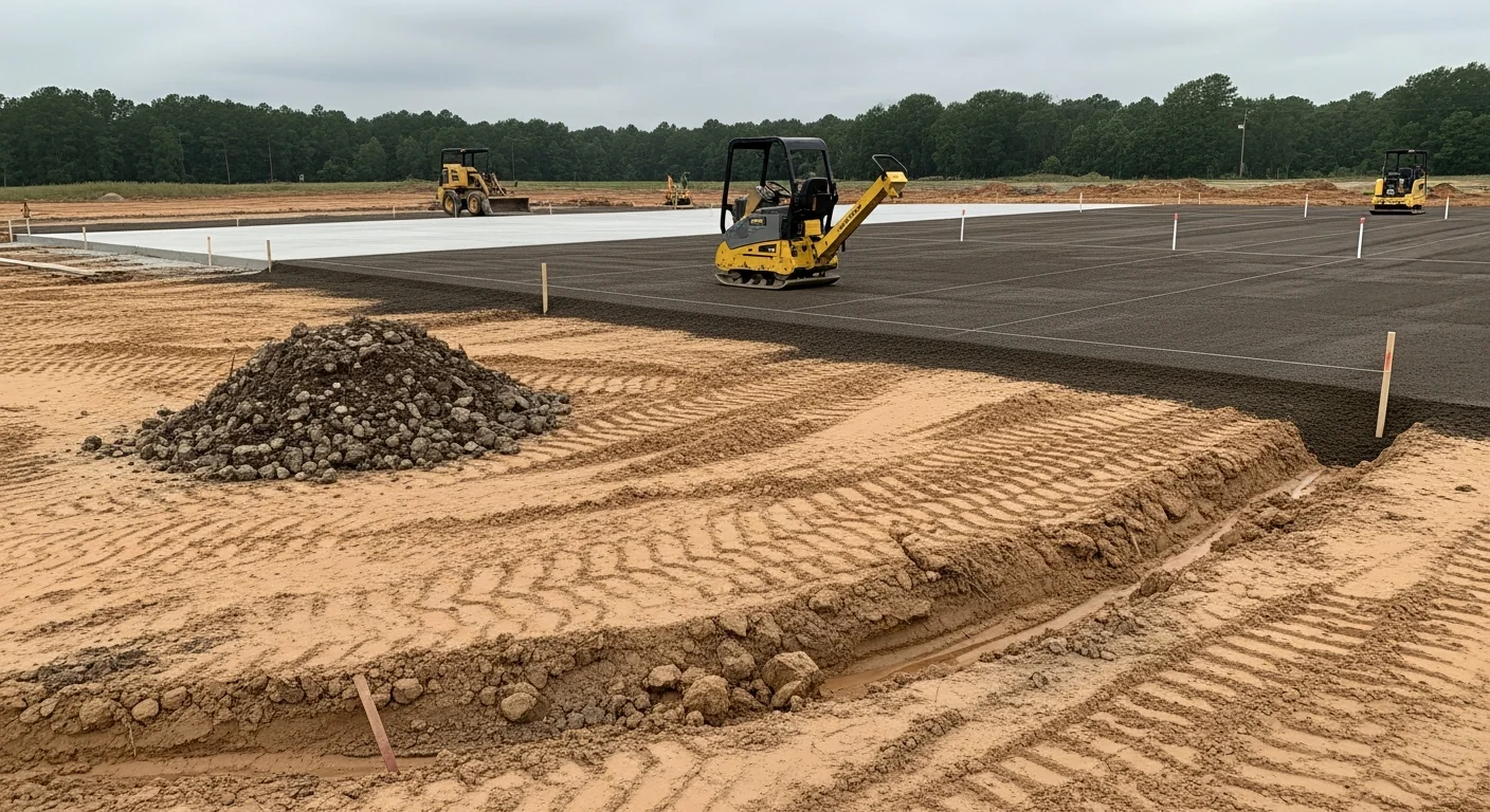 A freshly graded and compacted dirt site in Florence, South Carolina, prepared for a concrete slab pour. The ground is level, cleared of debris, and sloped to direct water away from the work area.