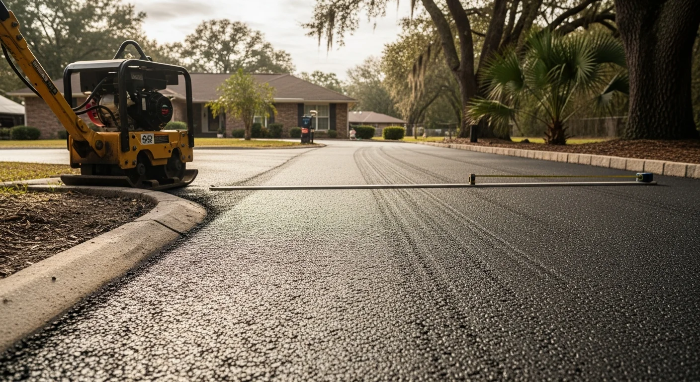 A freshly paved black asphalt driveway in front of a single-family home in Florence, South Carolina, with clean straight edges and a smooth compacted surface. The driveway leads to a two-car garage on a residential lot with green lawn on both sides.