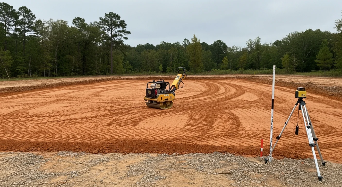 A graded and compacted dirt surface on a Florence, South Carolina property, sloped away from a building pad and ready for asphalt paving. Heavy equipment tracks are visible across the smooth, level subgrade.