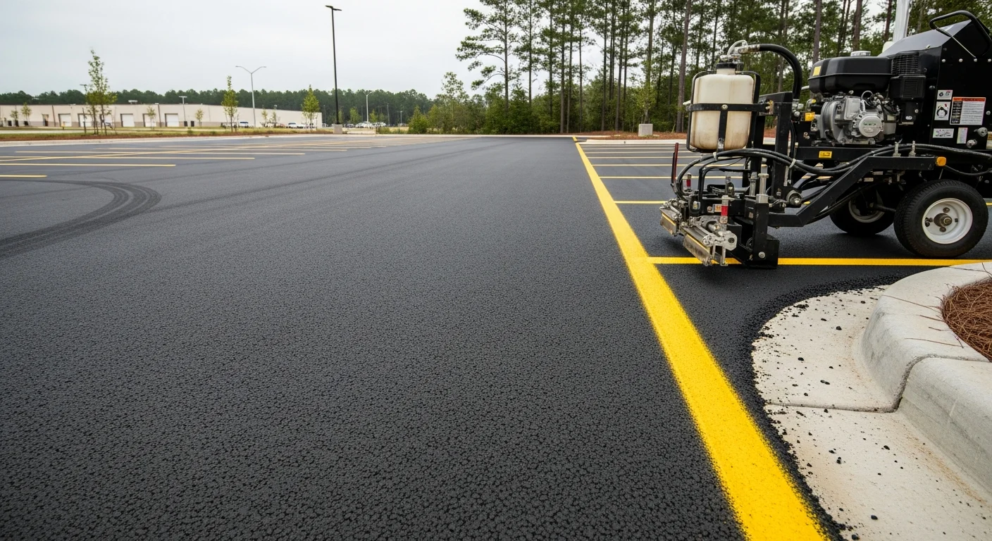 Freshly paved asphalt parking lot at a commercial property in Florence, South Carolina, with crisp white line striping and smooth black surface. The lot shows clean drainage slopes and defined parking spaces ready for daily vehicle use.