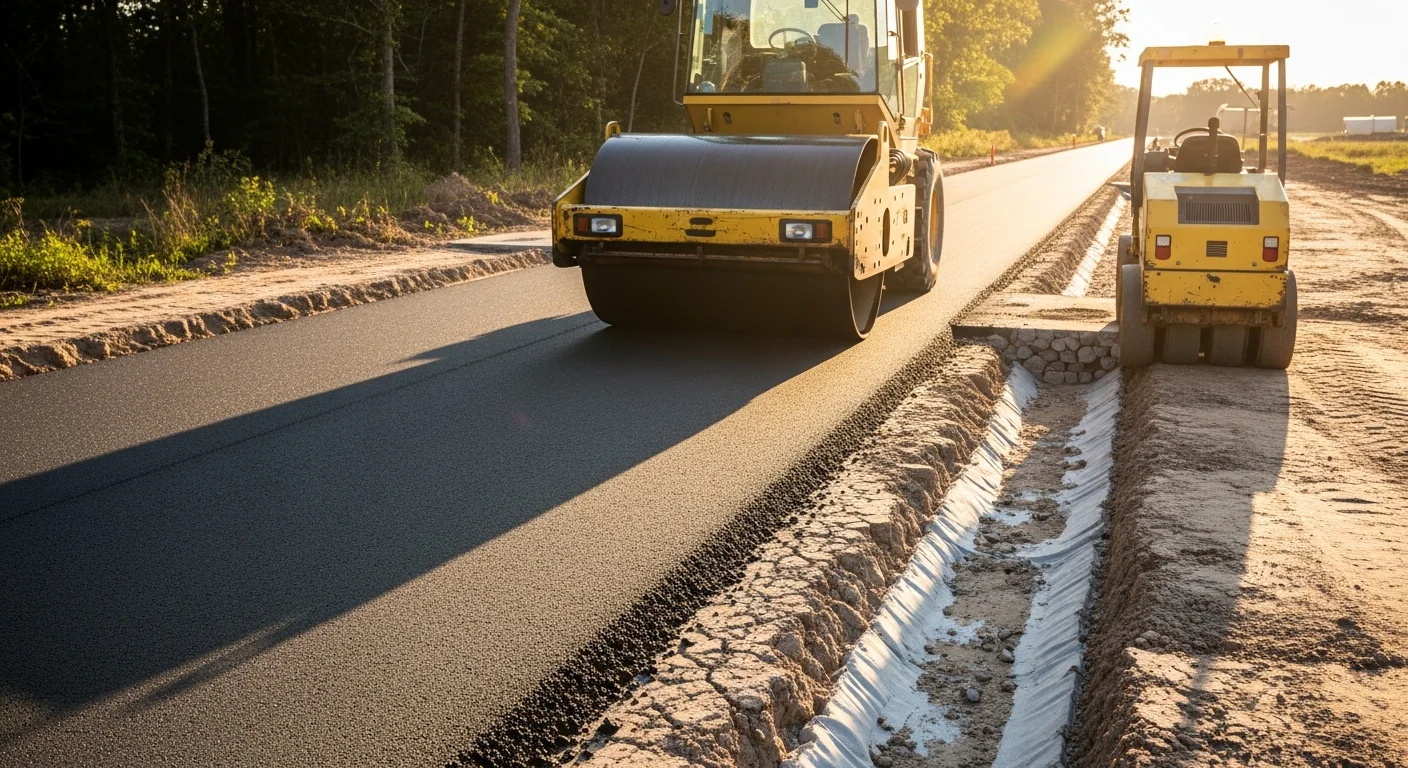 Freshly paved asphalt road surface in Florence, South Carolina, showing smooth black pavement with clean edges and proper roadside grading. A Coast 2 Coast Asphalt paving crew and equipment are visible completing the road surface in a residential or commercial setting.