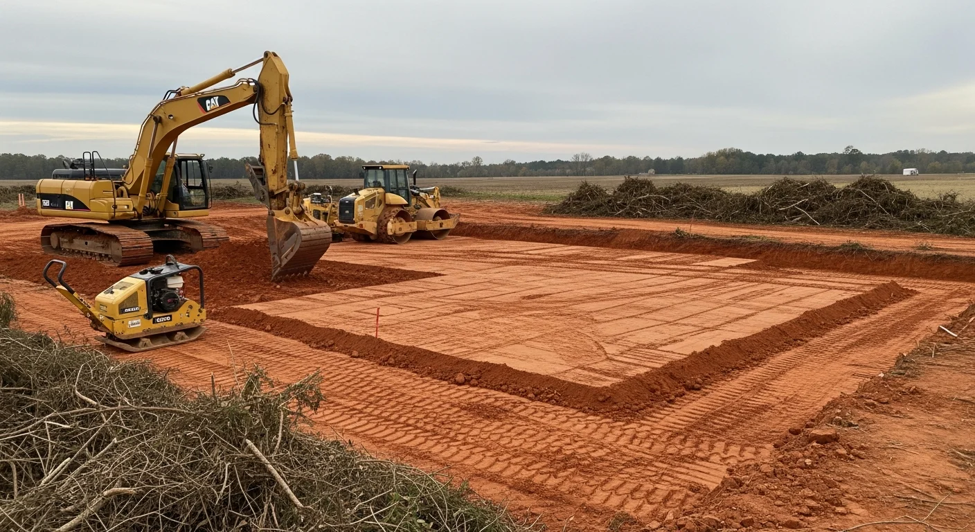 A graded and compacted dirt lot in Florence, South Carolina with cleared vegetation and smooth, level sub-base ready for asphalt paving. Heavy equipment tracks are visible across the prepared surface, showing recent excavation and grading work.