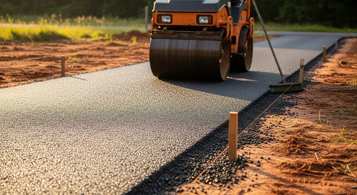 Freshly installed tar and chip driveway in Florence, South Carolina, showing a textured stone surface leading to a residential property. Close-up view highlights the crushed aggregate finish embedded in dark asphalt binder.